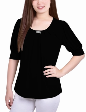 Interlock Knit Short Sleeve Balloon Sleeve Top With Hardware