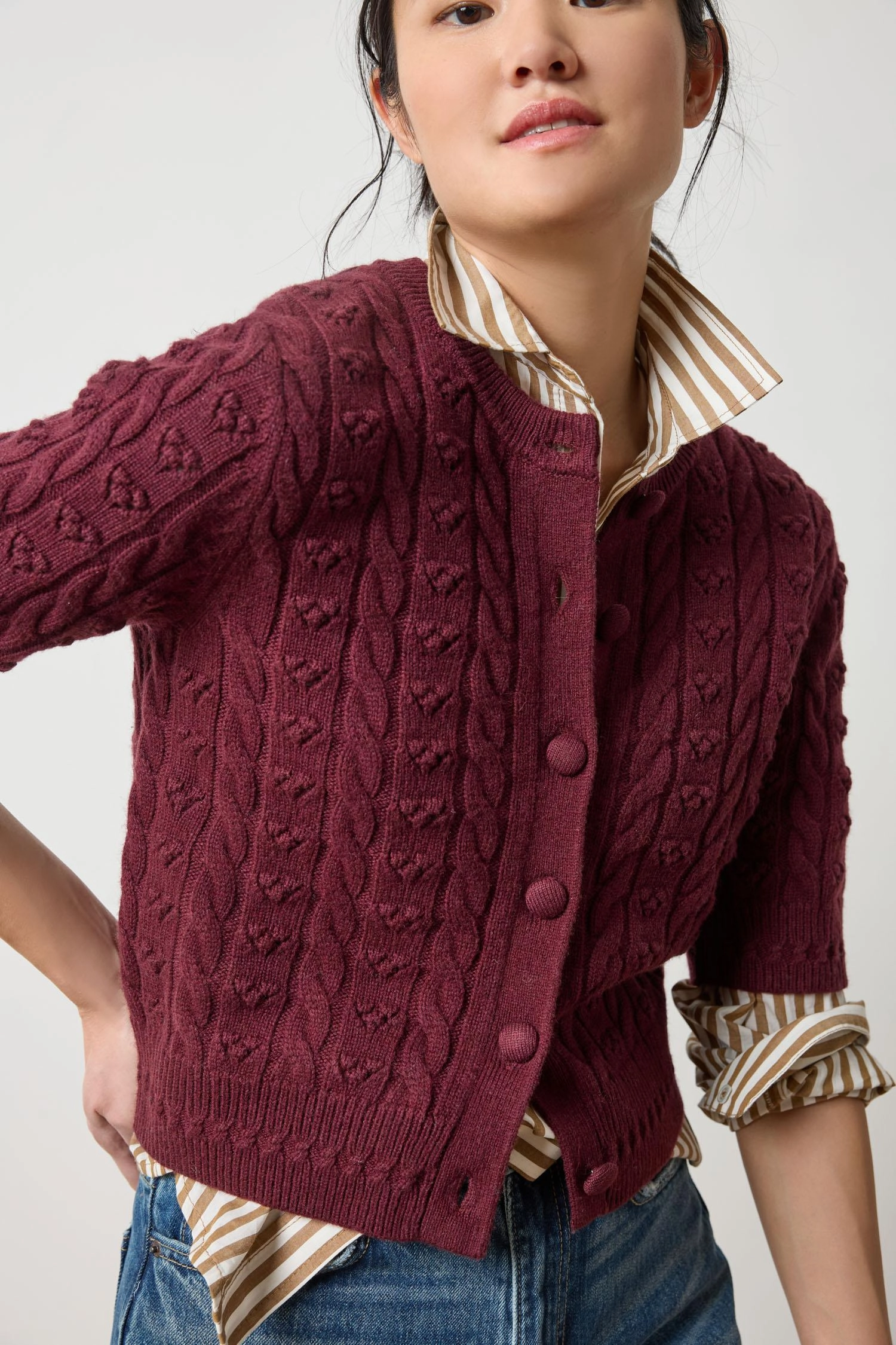 Short Sleeve Cardigan Sweater Plum FlatlockStitching Durable Overlock Stitch