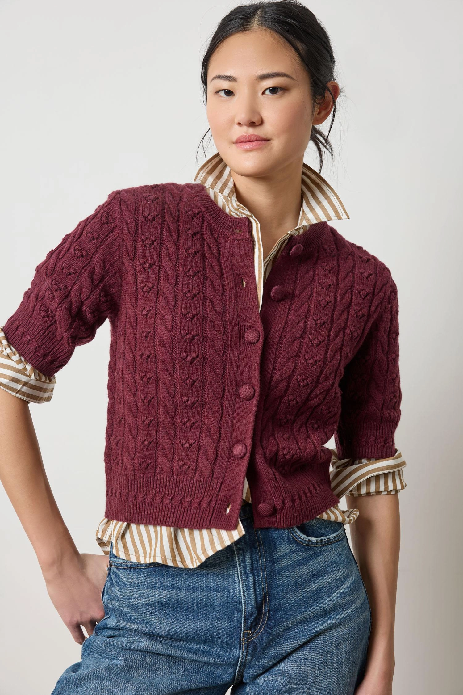 QuickDry Technology Short Sleeve Cardigan Sweater Plum