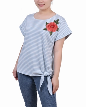 Short Sleeve Embroidered Tie Front Top NoSlipGripperBand