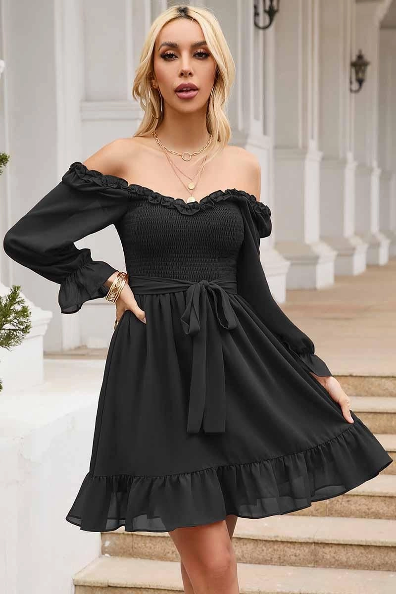 Textured Surface Trendy pick SHORT SQUARE NECK FRILL FLARE DRESS