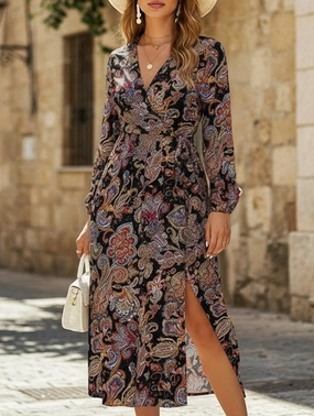 Fluid Shape Comfortable Design Retro style V-neck waist printed dress