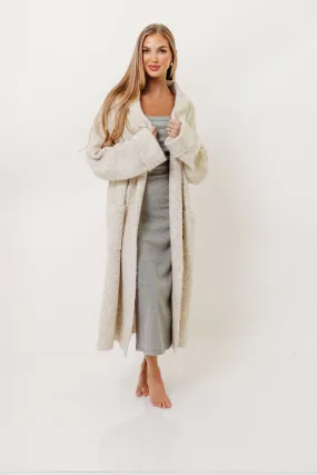 Amina Ribbed Knit Long Cardigan Jacket in Light Taupe DoubleStitched Hem