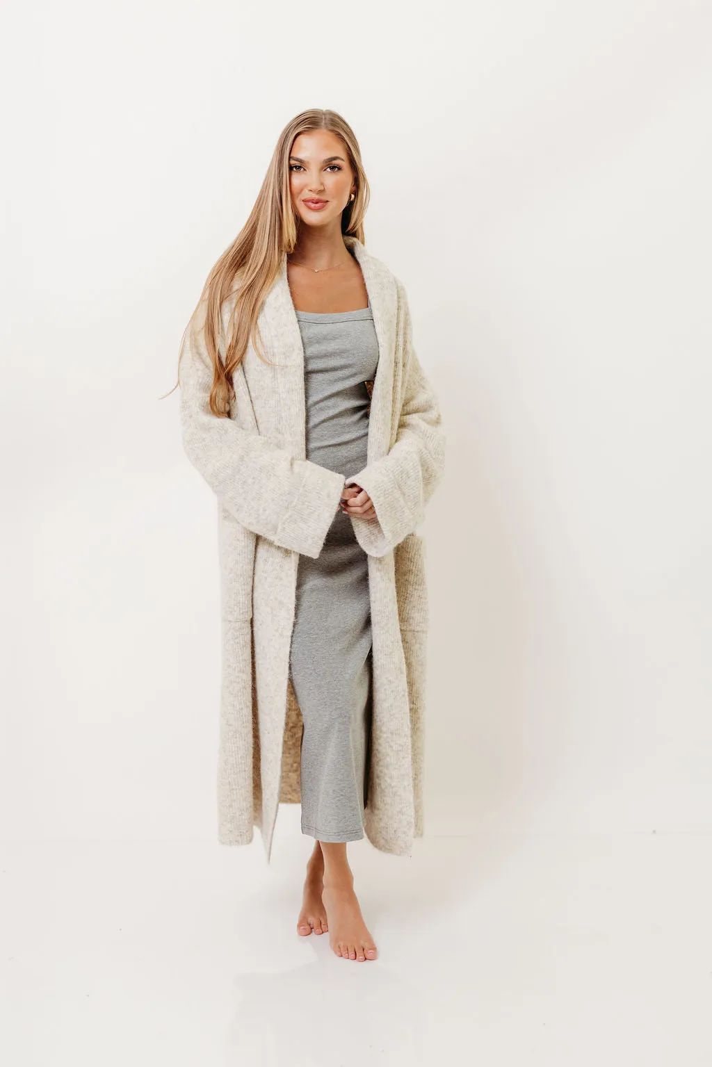 Taped Neckline Amina Ribbed Knit Long Cardigan Jacket in Light Taupe