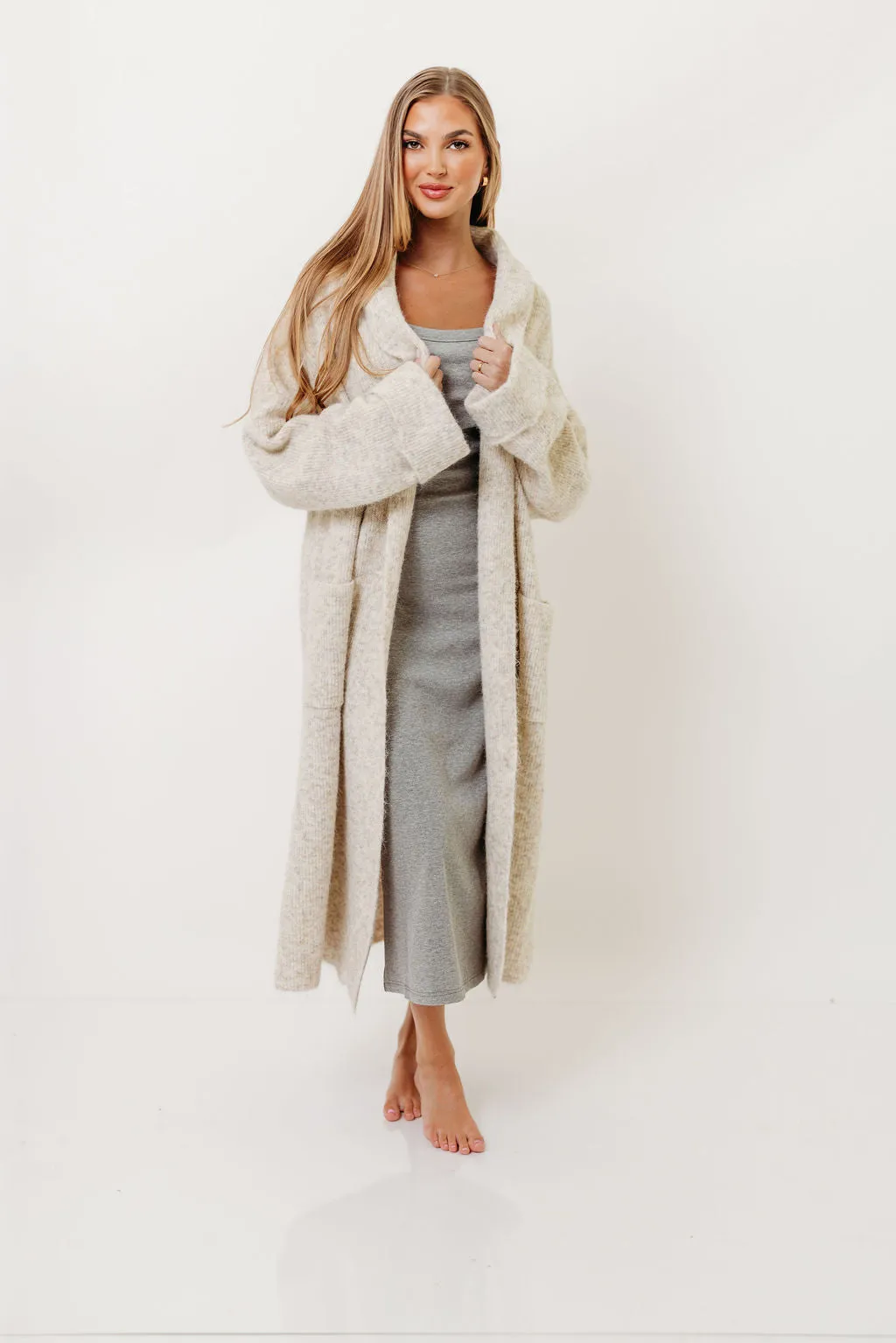 Amina Ribbed Knit Long Cardigan Jacket in Light Taupe DoubleStitched Hem