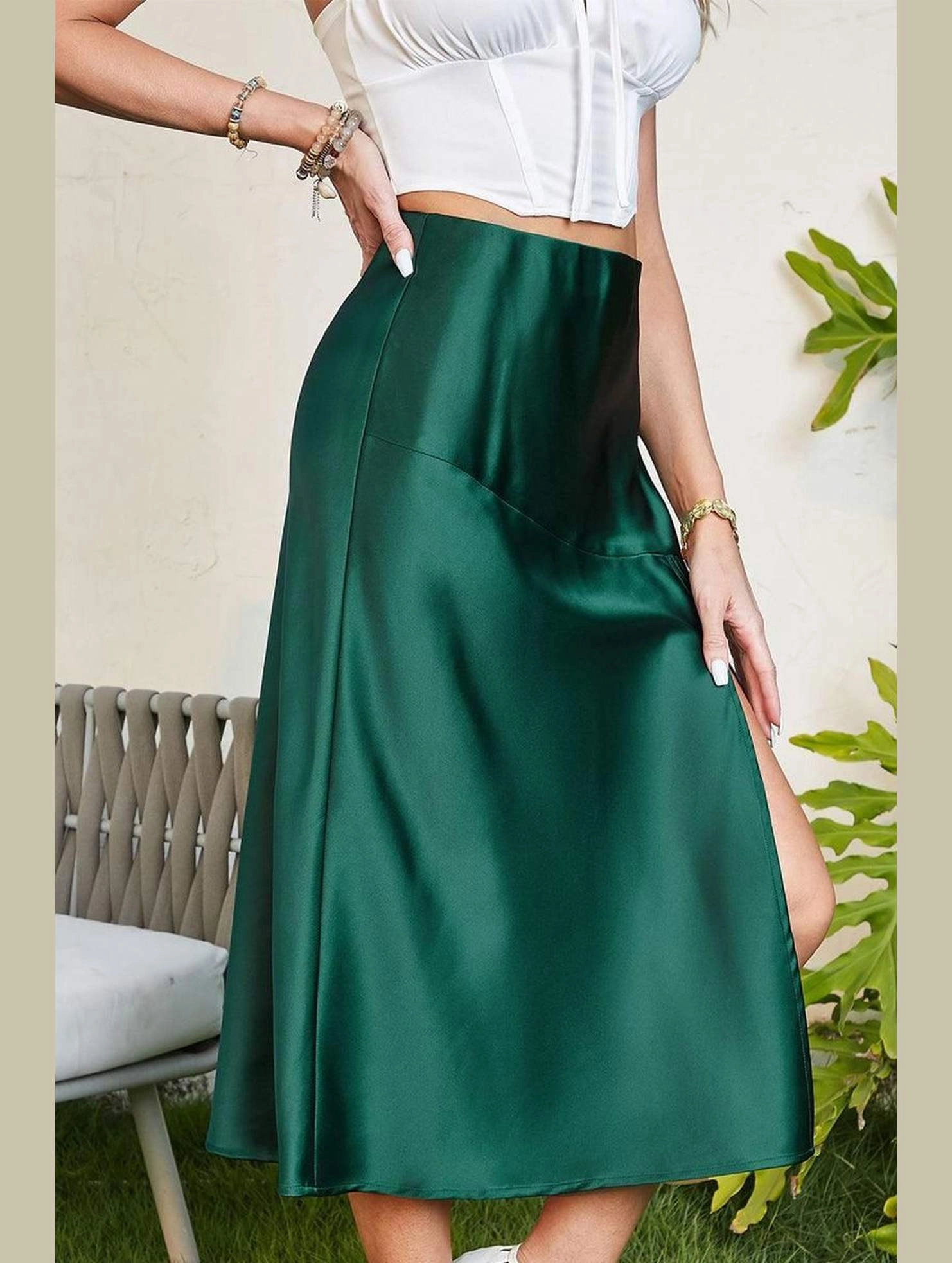 FlameRetardantTreatment SILKY SATIN ELASTIC WAIST A LINE SKIRT WITH SLIT