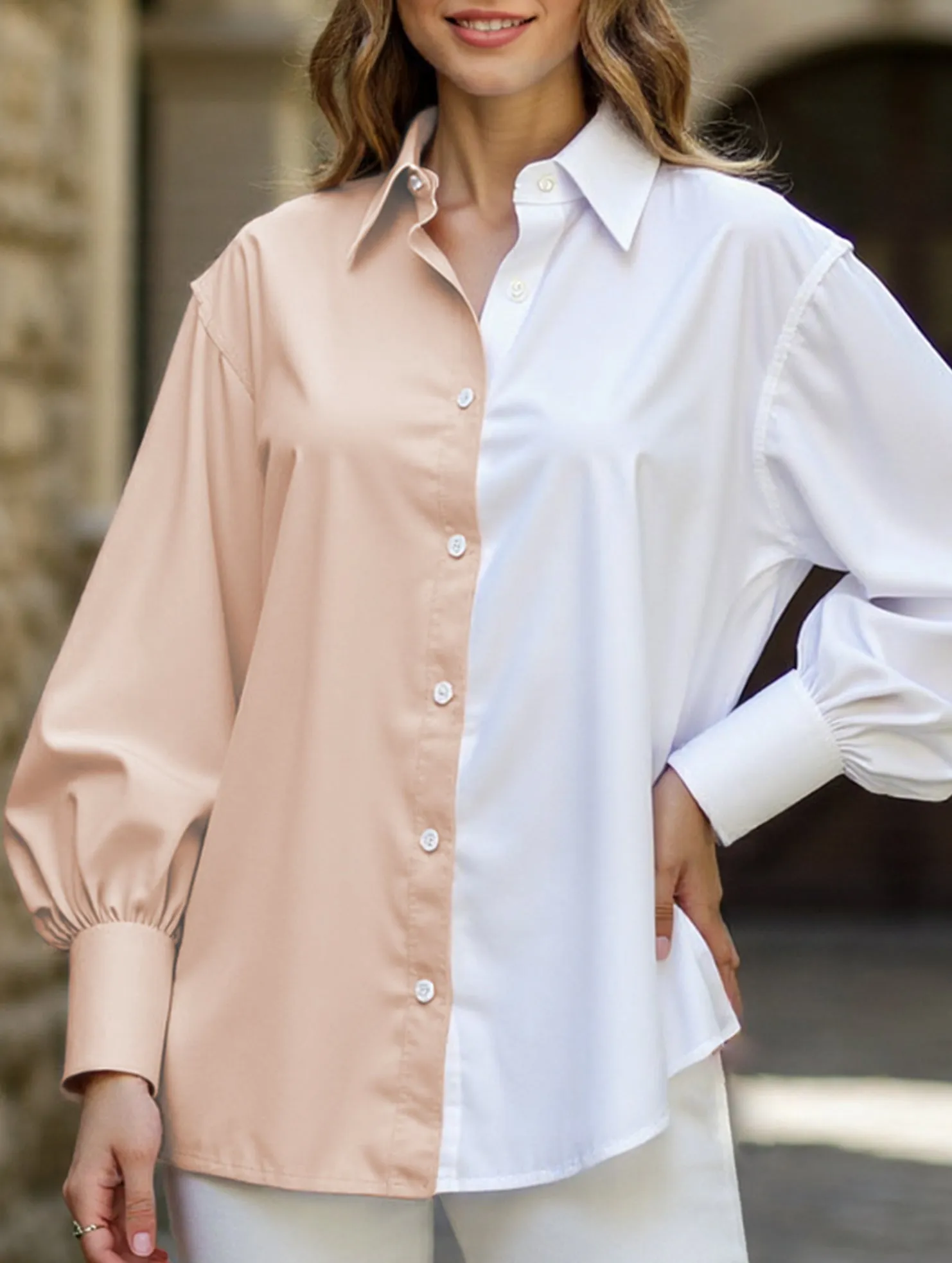 Soft Touch Fabric Recycled Polyester Blend Simple patchwork contrast color shirt