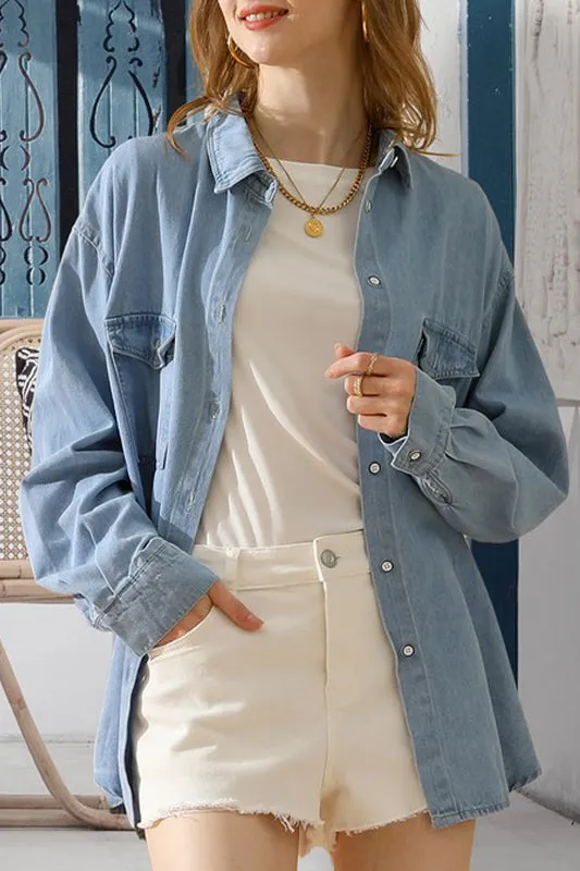 Stretch Fabric AdjustableDrawstring SIMPLE POKCET DENIM LONG SLEEVE SHIRTS