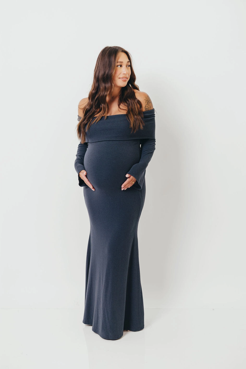 Monroe Maxi Dress with Long Sleeves in Dusty Navy- Bump Friendly Day Chic