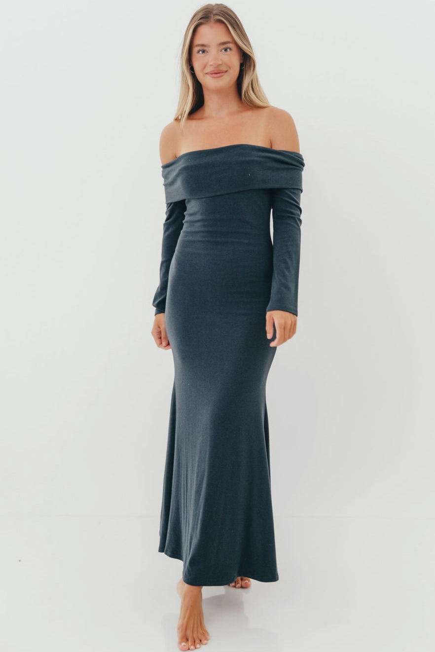 Monroe Maxi Dress with Long Sleeves in Dusty Navy- Bump Friendly Fresh Outfit Timeless Energy