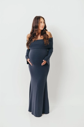 Monroe Maxi Dress with Long Sleeves in Dusty Navy- Bump Friendly Day Chic