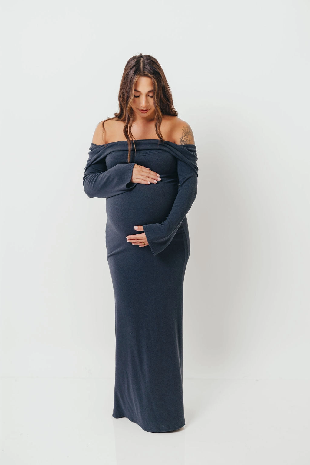 Monroe Maxi Dress with Long Sleeves in Dusty Navy- Bump Friendly Feminine off-the-shoulder gown