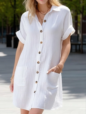 Simple V-Neck Button-Up Dress ??Casual Elegant Summer Dress for Women Calm Beauty