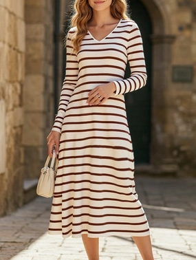 Flattering Cut Soft And Comfortable Long-sleeved striped print V-neck pullover dress