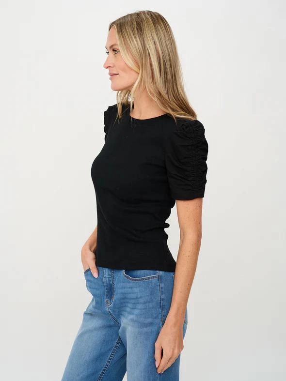 Scoop Neck Shape Classic Cut Six Fifty Ribbed Ruched Sleeve Top