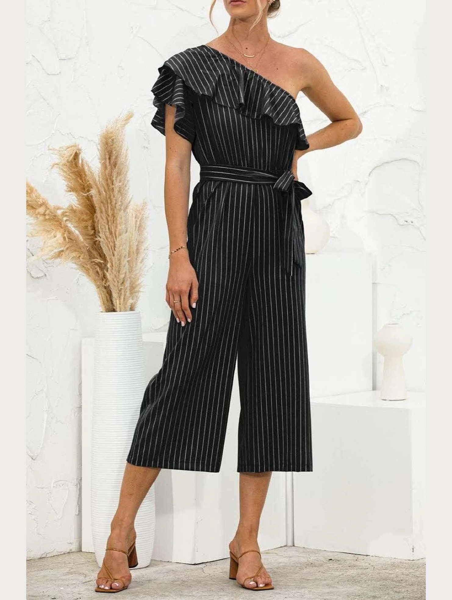 SLANTED SHOULDER RUFFLED STRIPED JUMPSUIT Sun Protective Fabric Fitted Design