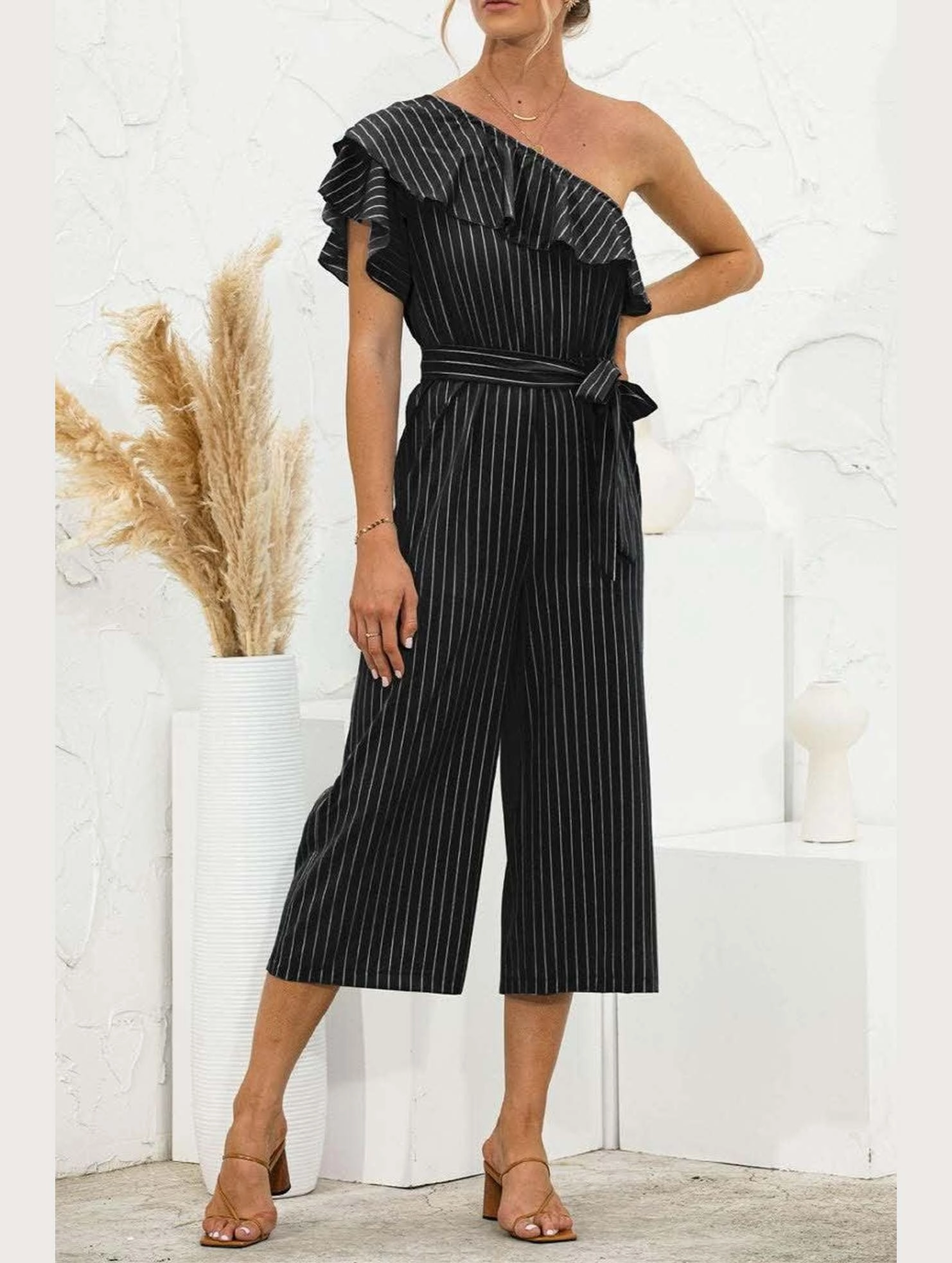 elegant design Stylish Dress SLANTED SHOULDER RUFFLED STRIPED JUMPSUIT