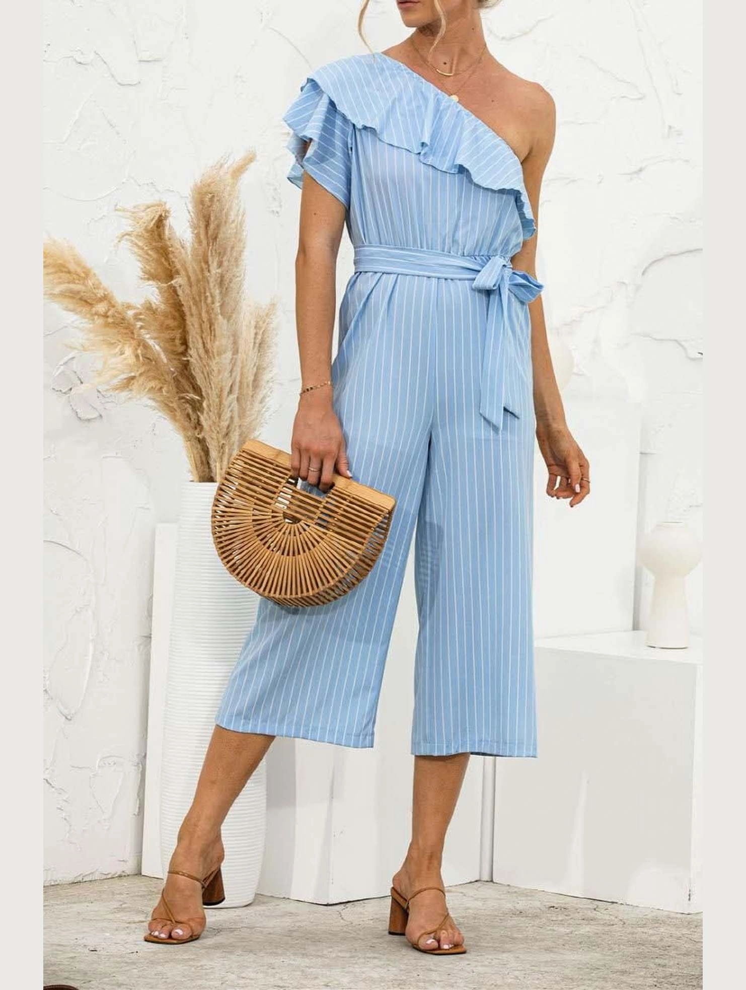 NonIrritatingStitching SLANTED SHOULDER RUFFLED STRIPED JUMPSUIT
