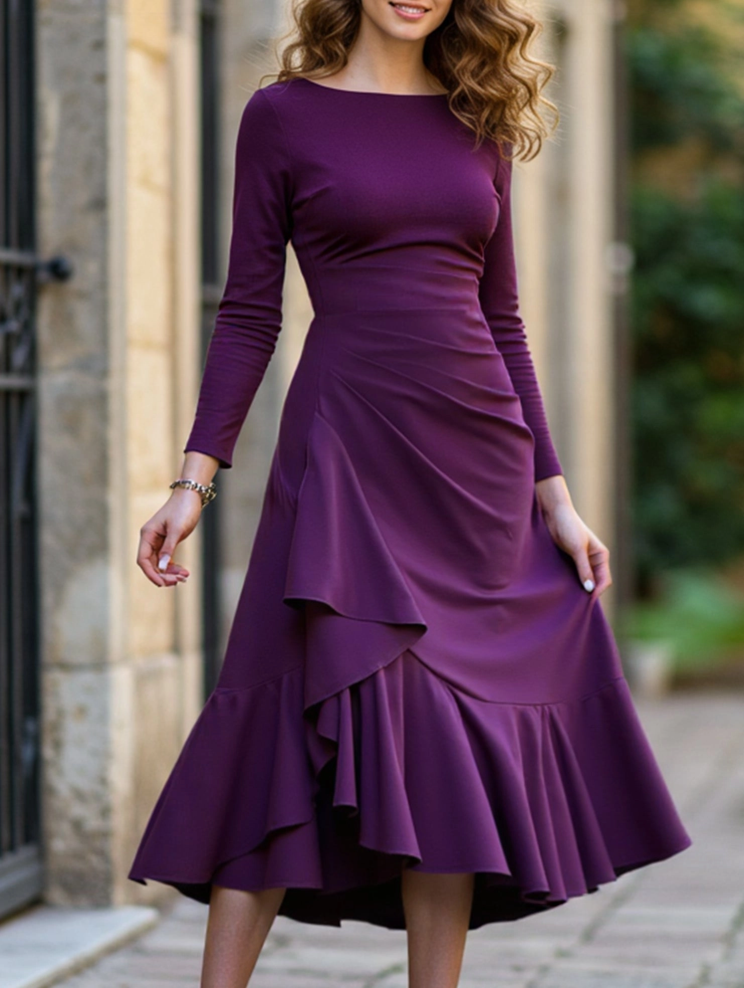 Inner Feel Flattering Shape Solid color long sleeve round neck women dress