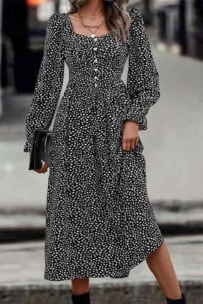 WOMEN DEEP SQUARE NECK LONG SLEEVE PATTERN DRESS Feminine Charm