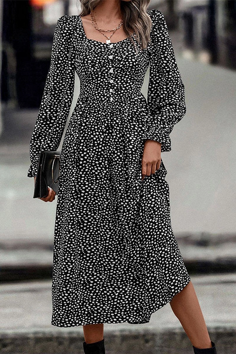 Flattering Layer WOMEN DEEP SQUARE NECK LONG SLEEVE PATTERN DRESS