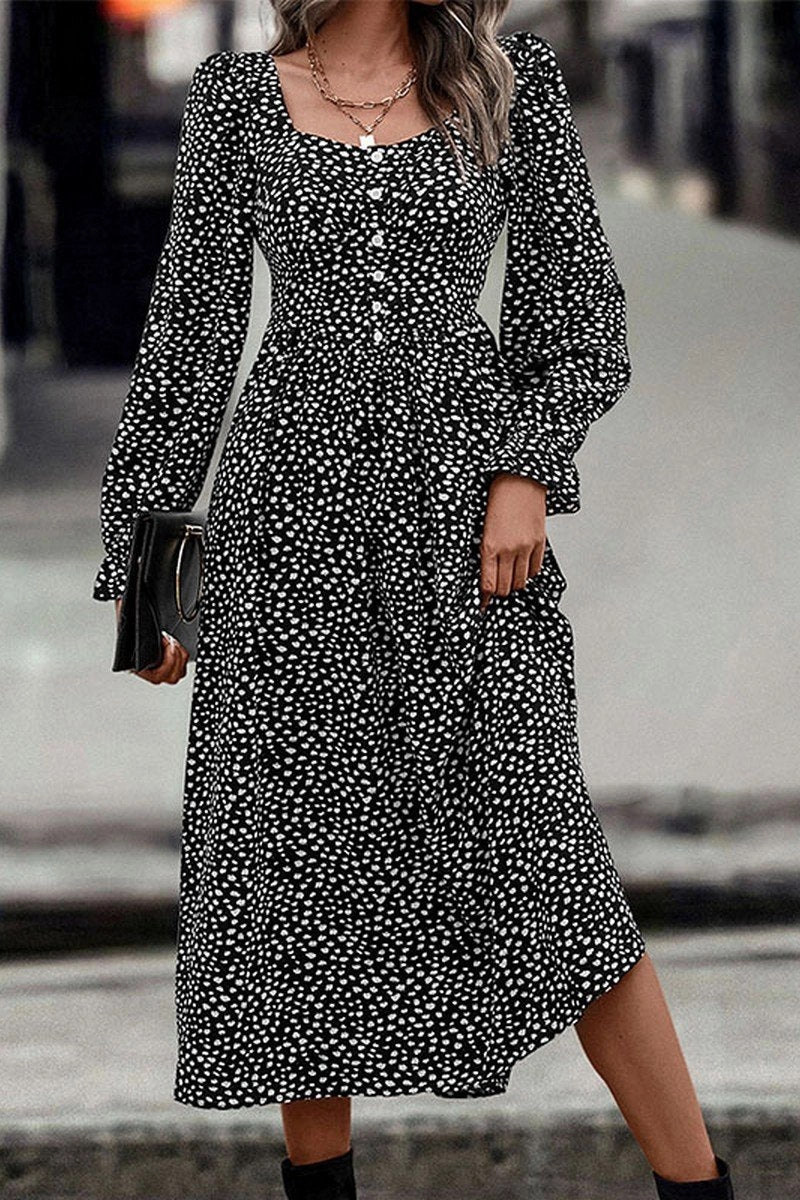 WOMEN DEEP SQUARE NECK LONG SLEEVE PATTERN DRESS Mood Look