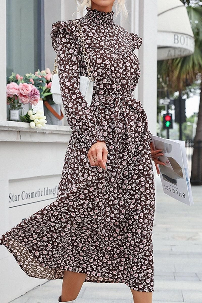 HIGH NECK FLORAL PATTERNED LONG DRESS Cool Palette Halter-Neck