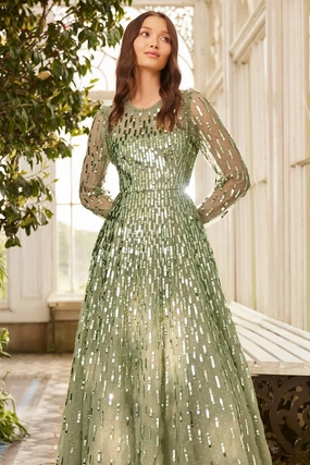 Balanced Look Sheer Element Sequin Dash Long Sleeve Ankle Gown