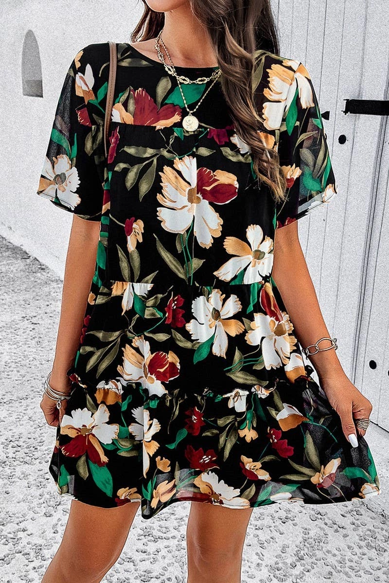 Flowing Texture Bless Glow CASUAL HOLIDAY PRINT SHORT SLEEVE DRESS_CWDSD2405