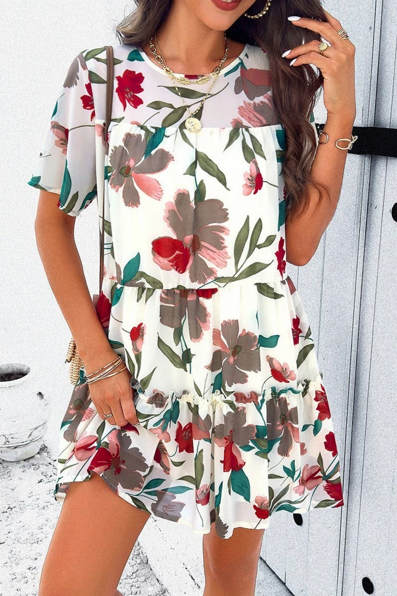 CASUAL HOLIDAY PRINT SHORT SLEEVE DRESS_CWDSD2405 Smile Glow