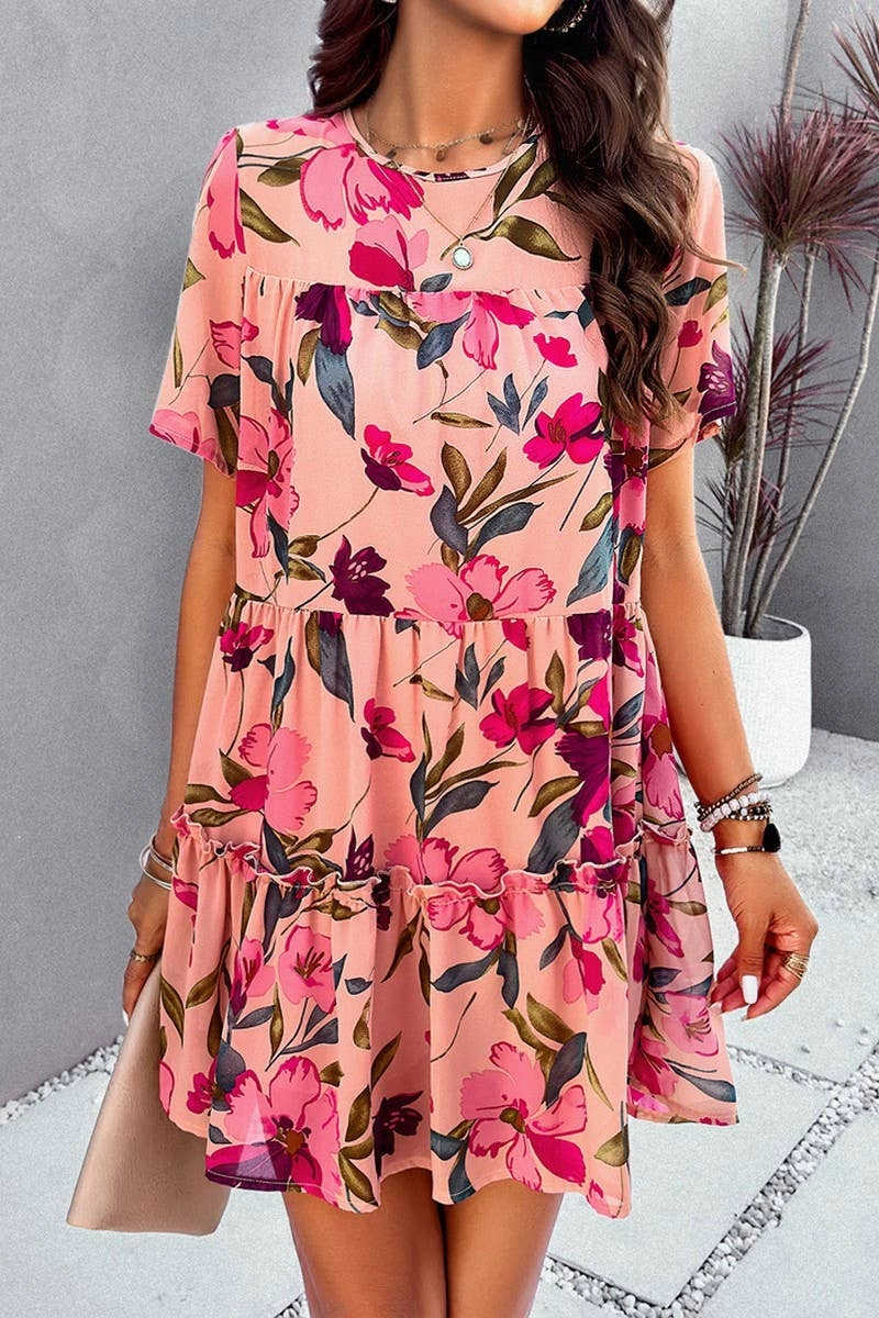 CASUAL HOLIDAY PRINT SHORT SLEEVE DRESS_CWDSD2405 Feminine full-length gown Cozy Cut