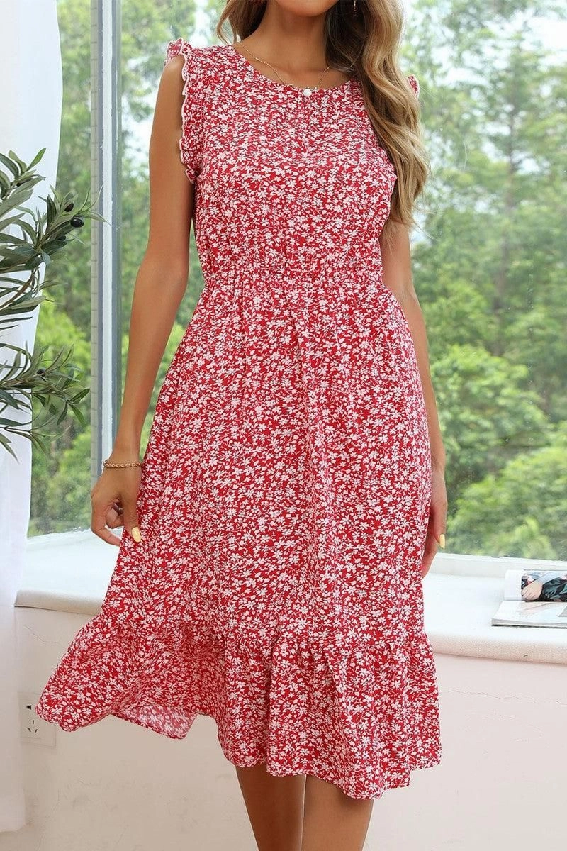SLEEVELESS LACED ROUND NECK FLORAL PRINTED DRESS Modern Motion Fashion Layer