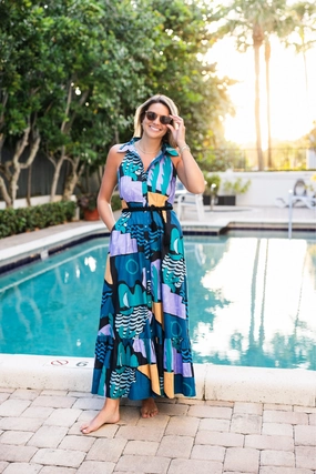 Church Proper Front-Zip Sleeveless Shirt Dress Maxi Riviera Blue