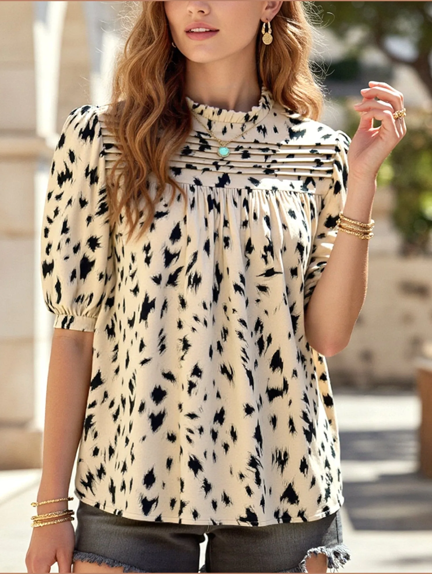 Temperament Casual Printed Short Sleeve Top ??Lightweight Vivid Blouse for Women Casual Wear