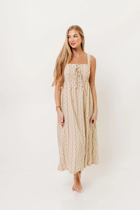 Lightweight Piece Haley Mae Cotton Floral Embroidered Striped Midi Dress in Sage