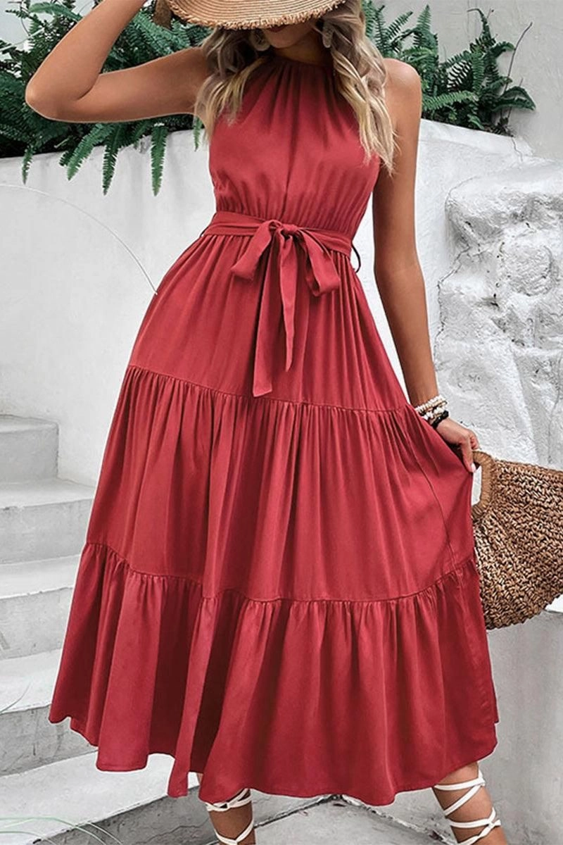 TIED WAIST TIERED HALTER DRESS Back-Zip