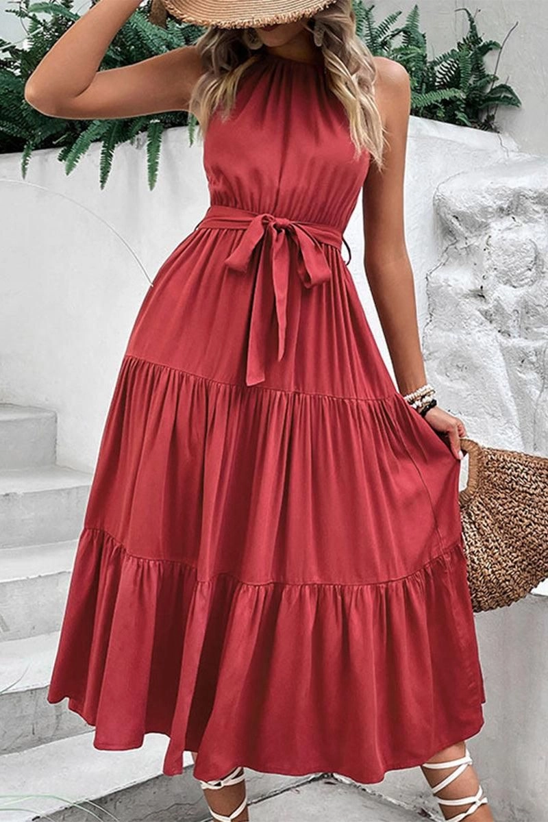 TIED WAIST TIERED HALTER DRESS Slender Look Boho Tone