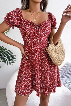 CASUAL TRUMPET SLEEVE DRAWSTRING FLORAL DRESS_CWDSD2555 Skin Hug Silky Silhouette