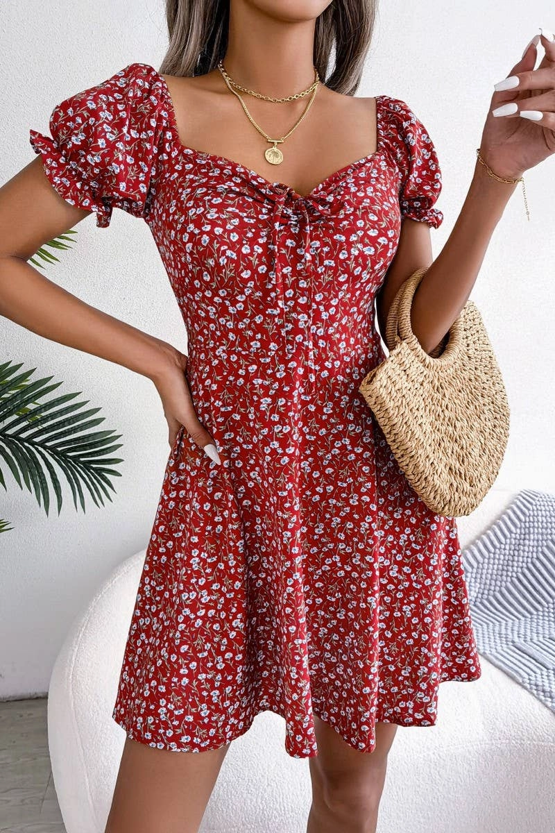 CASUAL TRUMPET SLEEVE DRAWSTRING FLORAL DRESS_CWDSD2555 Skin Hug Silky Silhouette