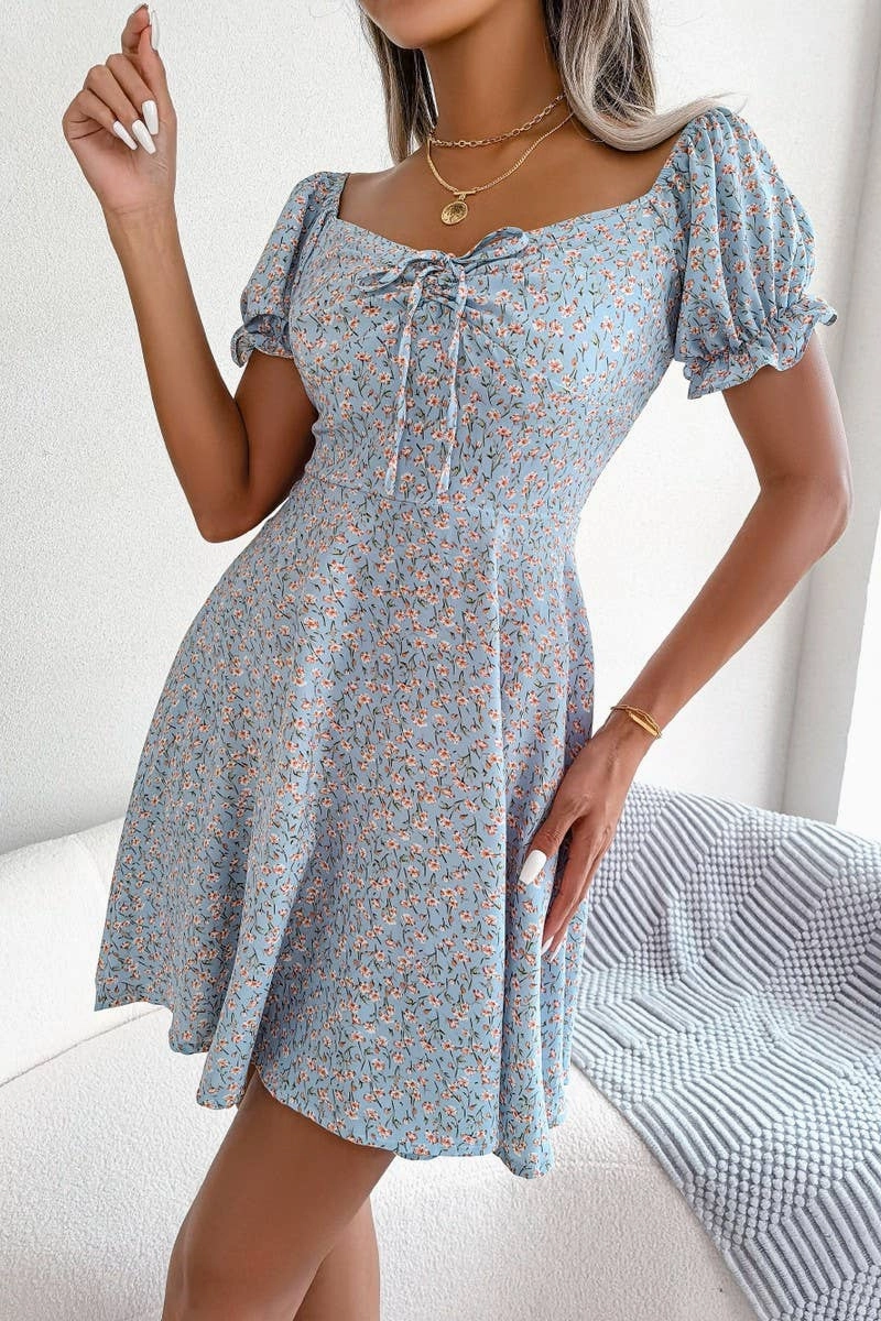 Minimal Touch confident look CASUAL TRUMPET SLEEVE DRAWSTRING FLORAL DRESS_CWDSD2555