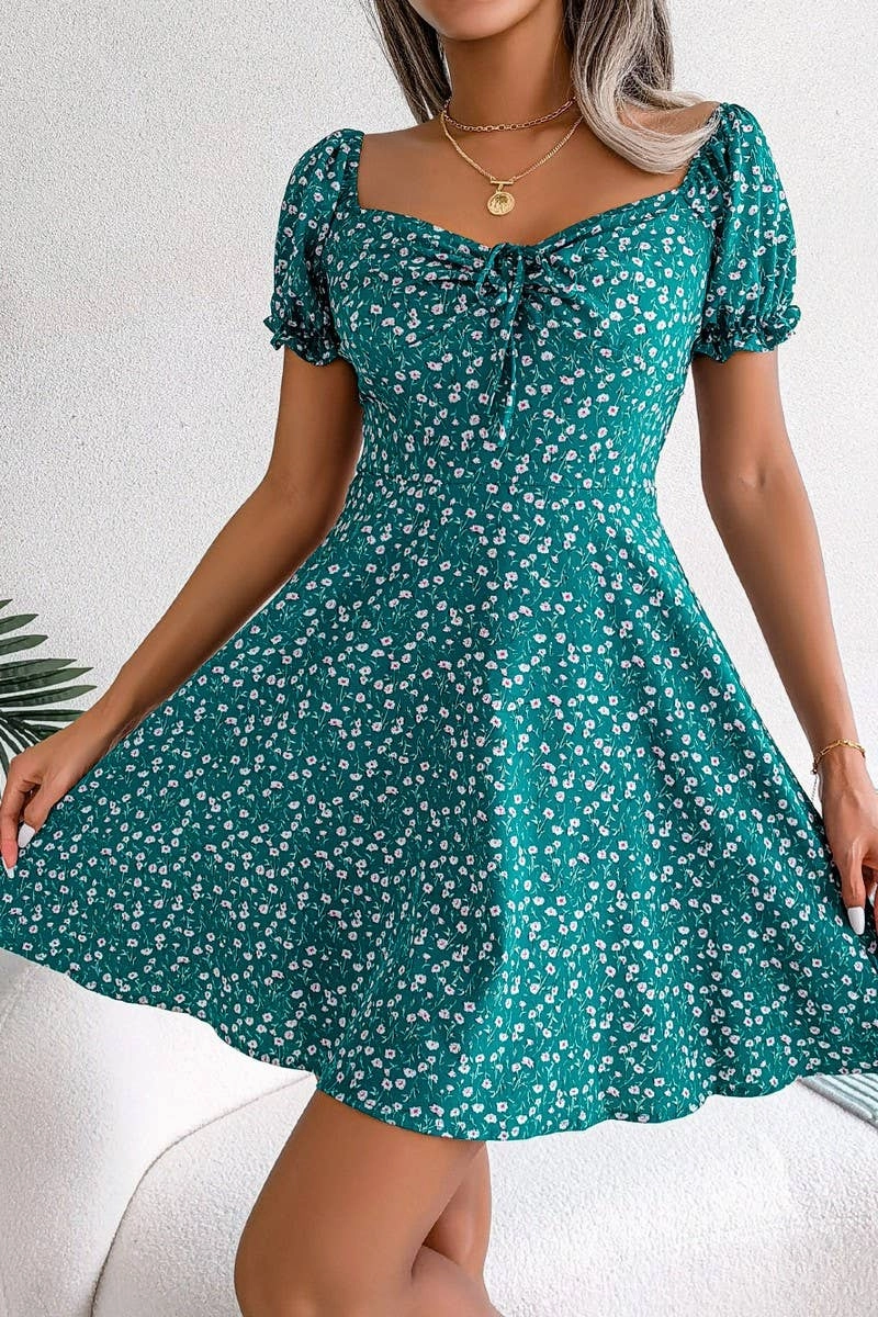 CASUAL TRUMPET SLEEVE DRAWSTRING FLORAL DRESS_CWDSD2555 Fresh Glow Layer Safe