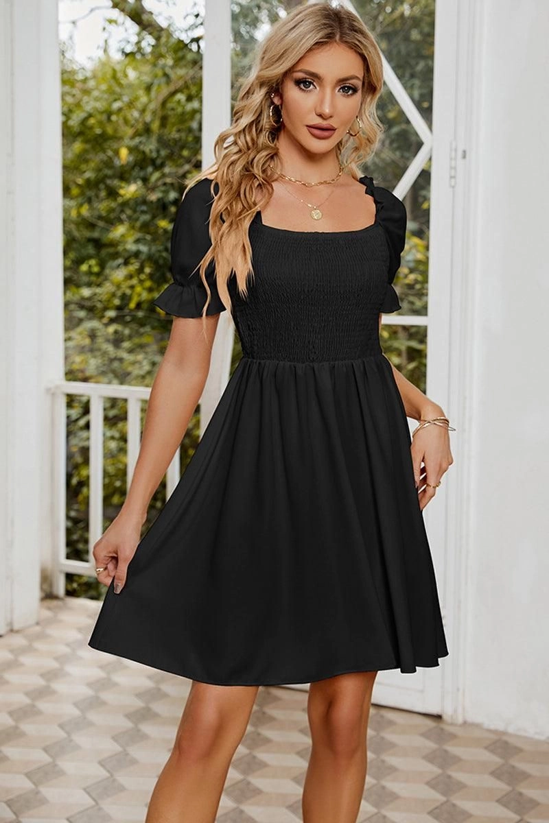 Oversized-Fit Timeless Style Wear SQUARE NECK PUFF SLEEVES PLEATED SHORT DRESS