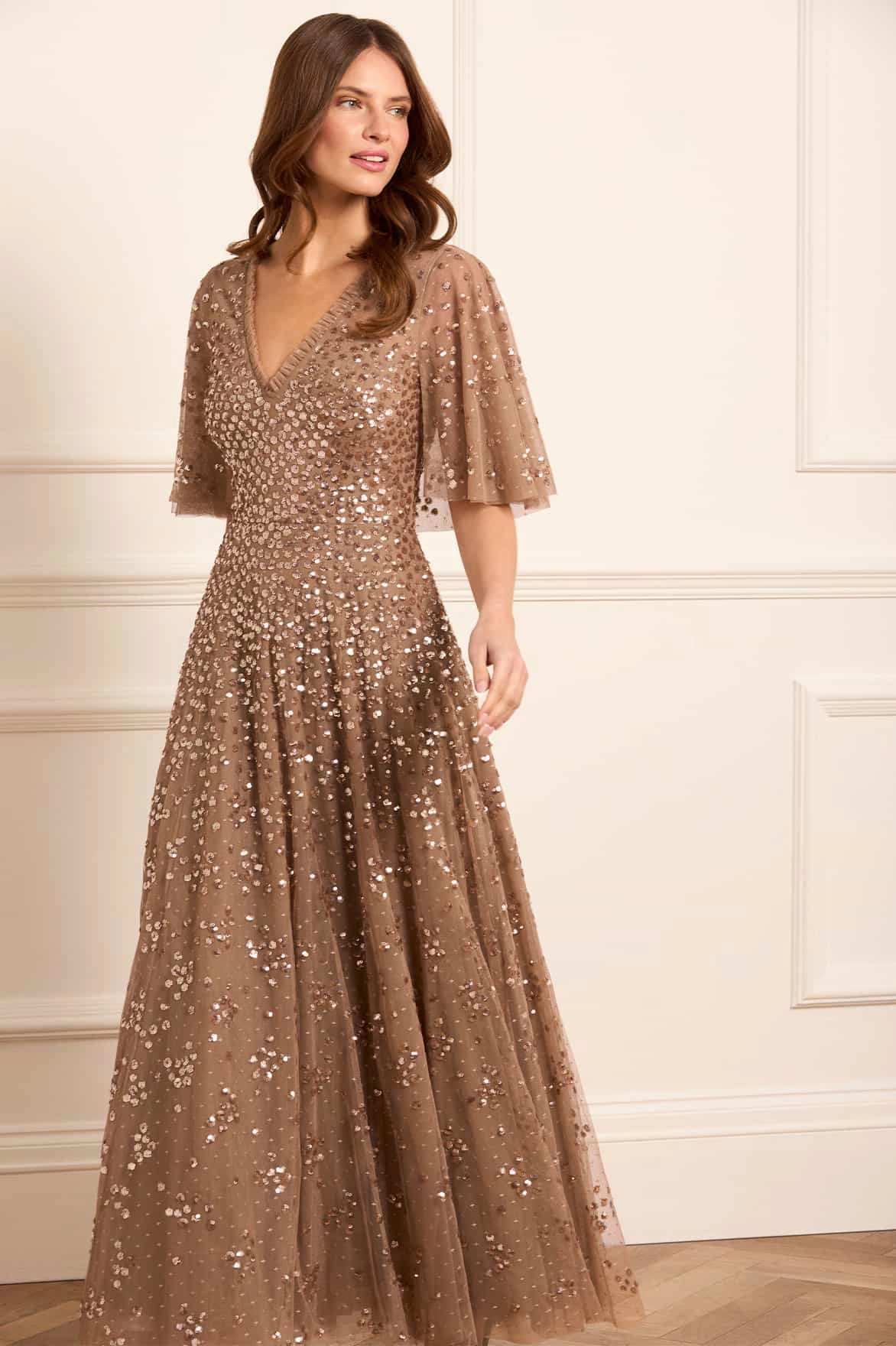 Leila Dot V-Neck Cape Ankle Gown Luxury Feel Comfortable Style