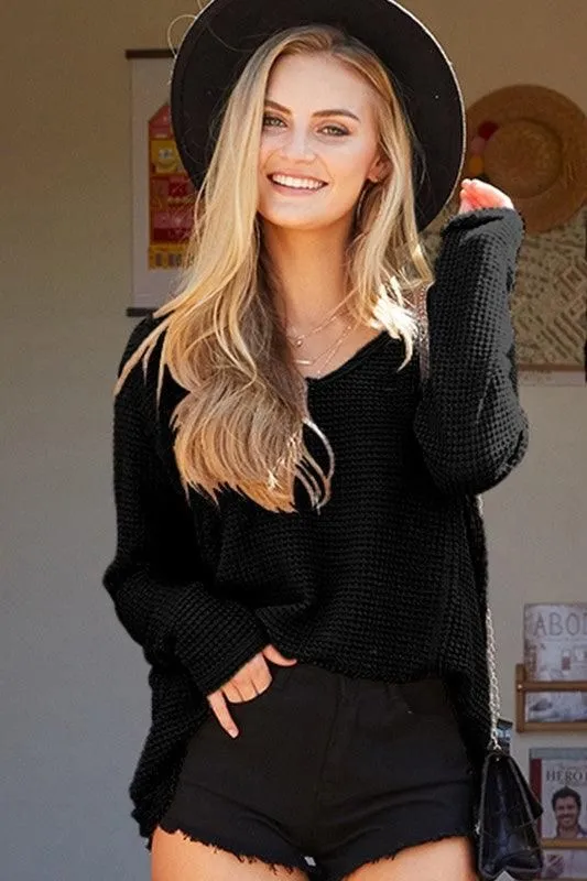 Full Coverage Fit V NECK WAFFLE KNIT LONG SLEEVE TOP