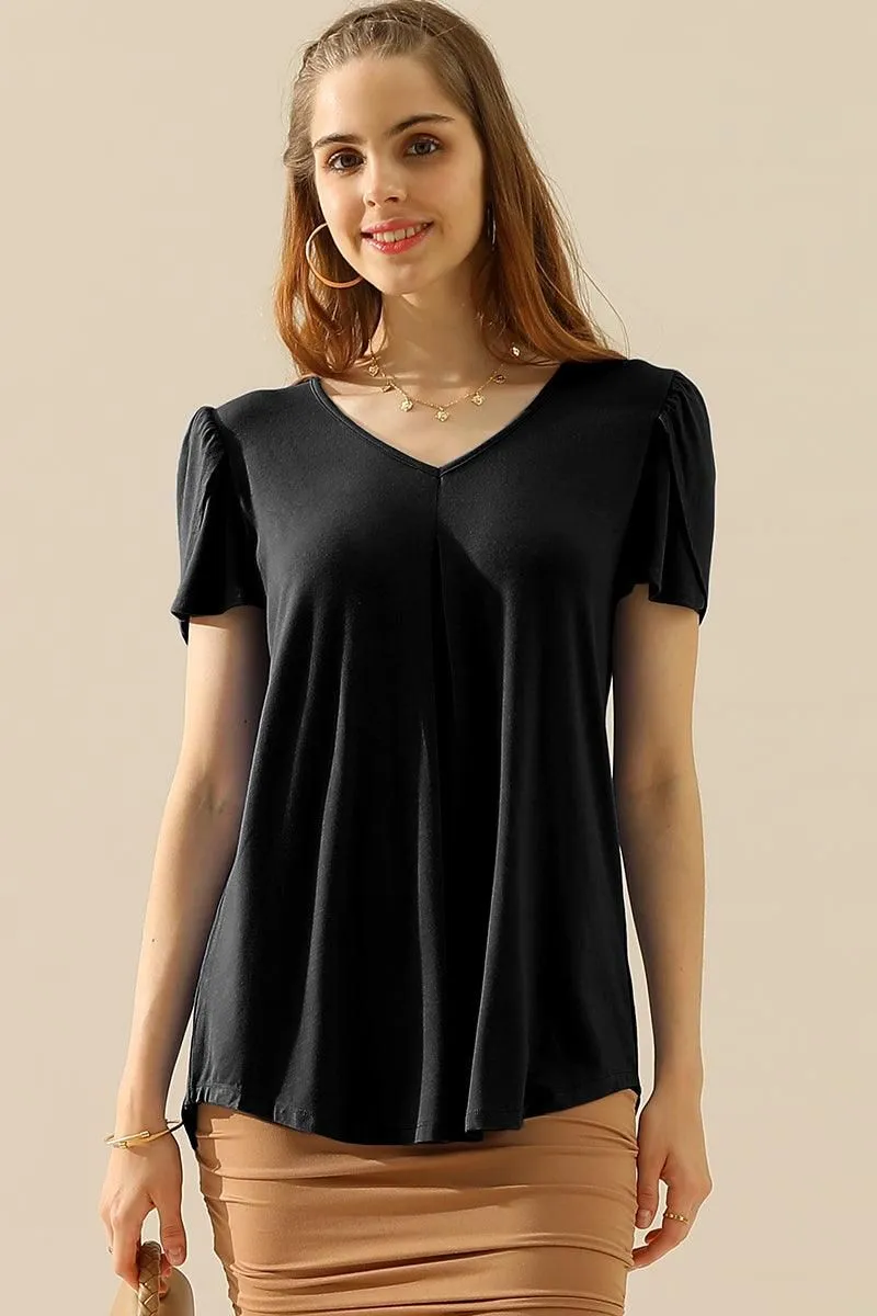 SOLID V NECK SHORT TULIP SLEEVE TUNIC TOPS Hot Weather