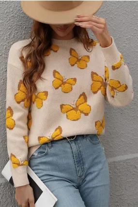 Stretch Waistband Design BUTTERFLY PRINTING LONG SLEEVE CASUAL SWEATER