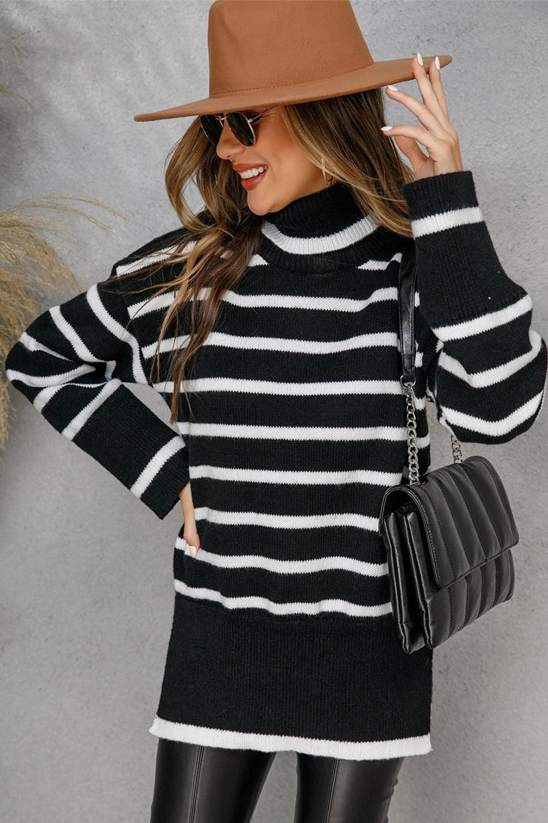 WOMENS TURTLENECK LONGSLEEVE STRIPE TOP AbrasionResistant Surface Tencel Blend Fabric