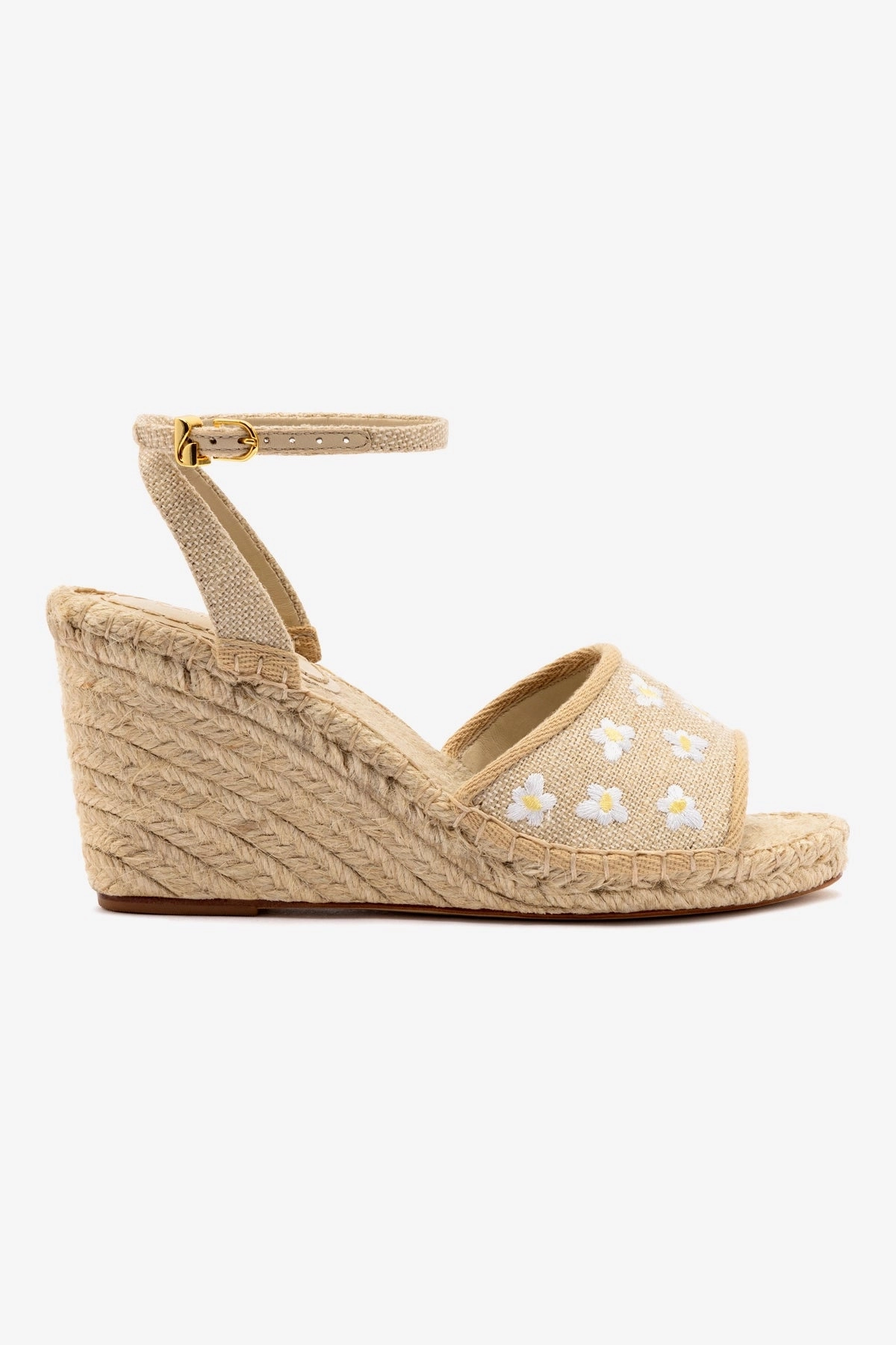 Letizia Espadrille Wedge In Raw Linen and Daisy Embroidery Dust Free Runway Glow