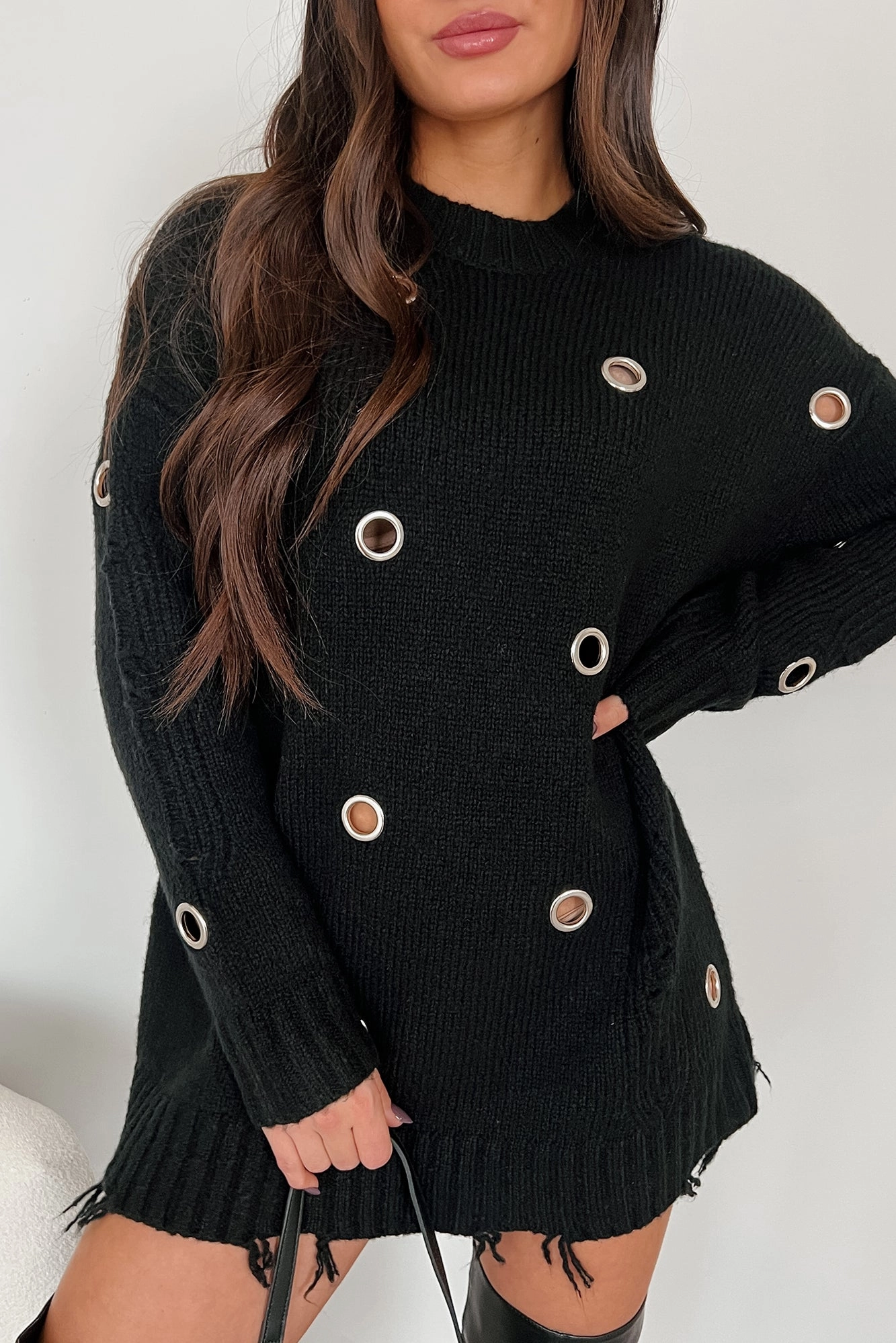 Causing Chaos Metal Eyelet Distressed Tunic Sweater (Black) EcoFriendly Manufacturing Relaxed Silhouette