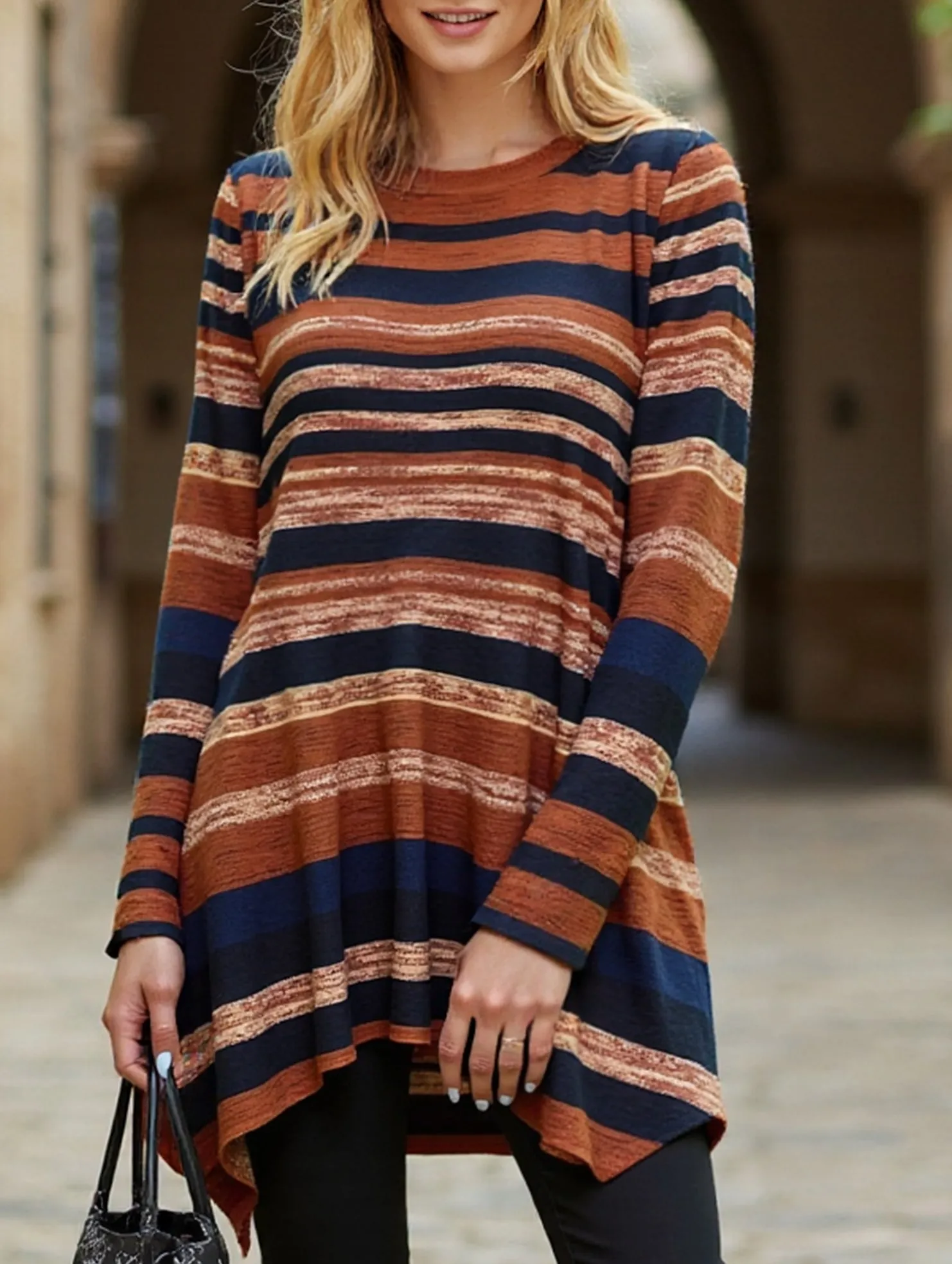 Casual striped print asymmetric T-shirt Relaxed Crew Neck Opening Stretch Material